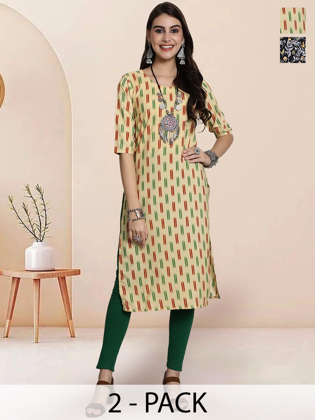

7Threads Selection Of 2 Geometric Printed Straight Kurtas, Cream