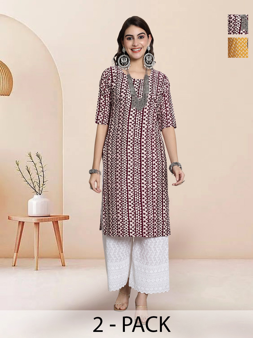 

7Threads Selection Of 2 Geometric Printed Straight Kurtas, Maroon