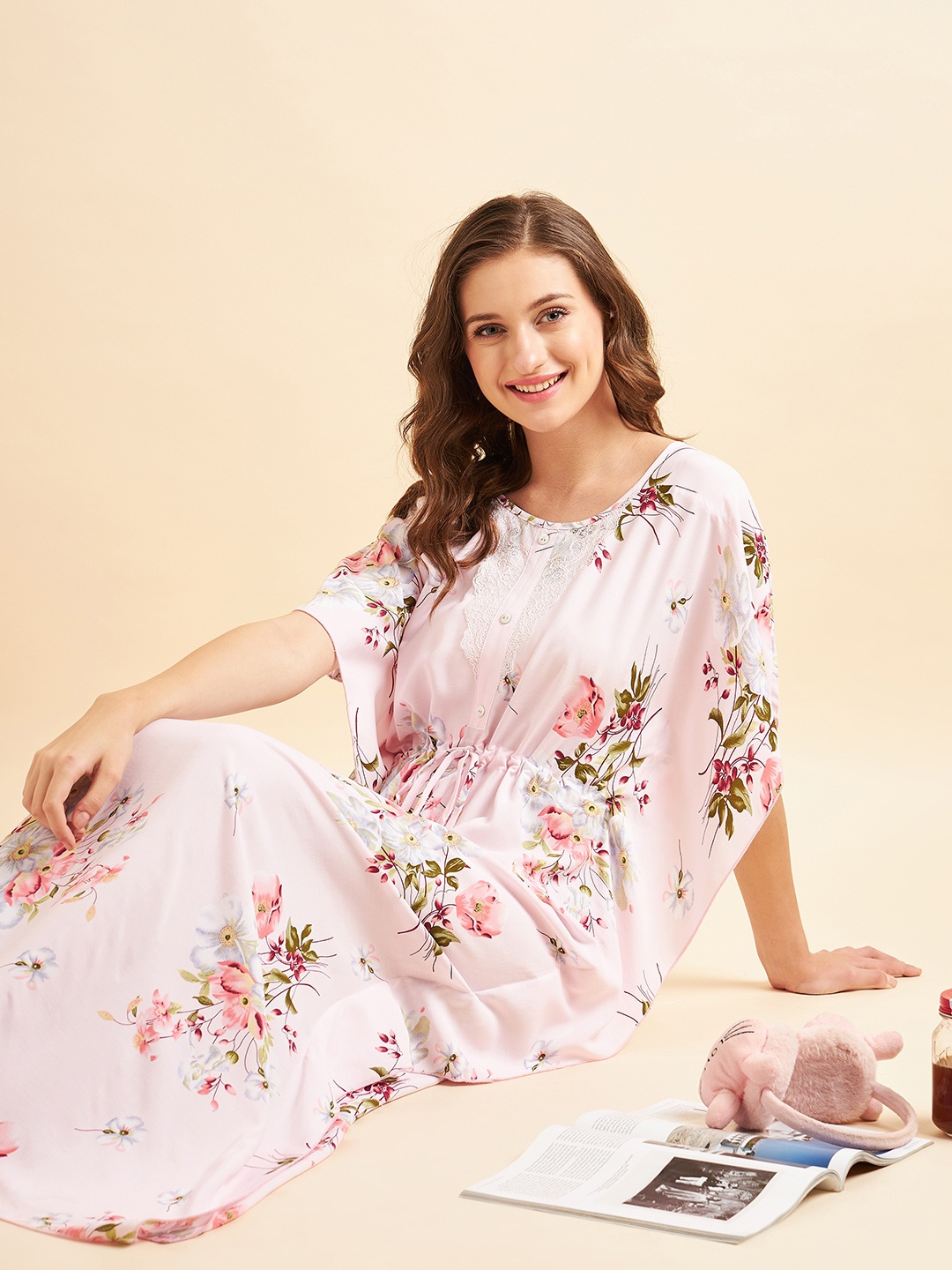 

Sweet Dreams Women Floral Printed Kaftan Maxi Nightdress, Pink