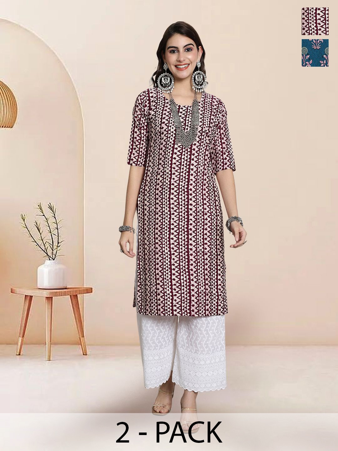 

7Threads Selection of 2 Geometric Printed Round Neck Straight Kurtas, Brown
