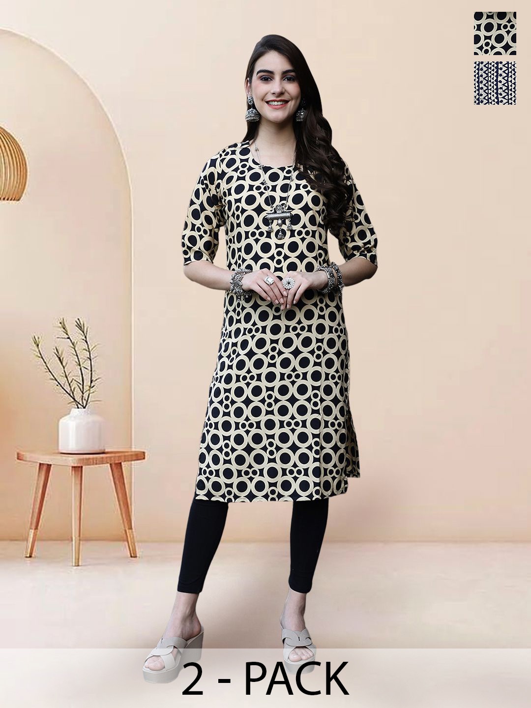 

7Threads Selection Of 2 Geometric Printed Round Neck Straight Kurtas, Beige