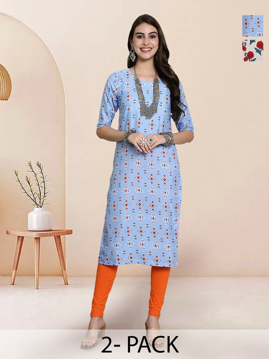 

7Threads Selection Of 2 Ethnic Motifs Printed Round Neck Straight Kurtas, Blue