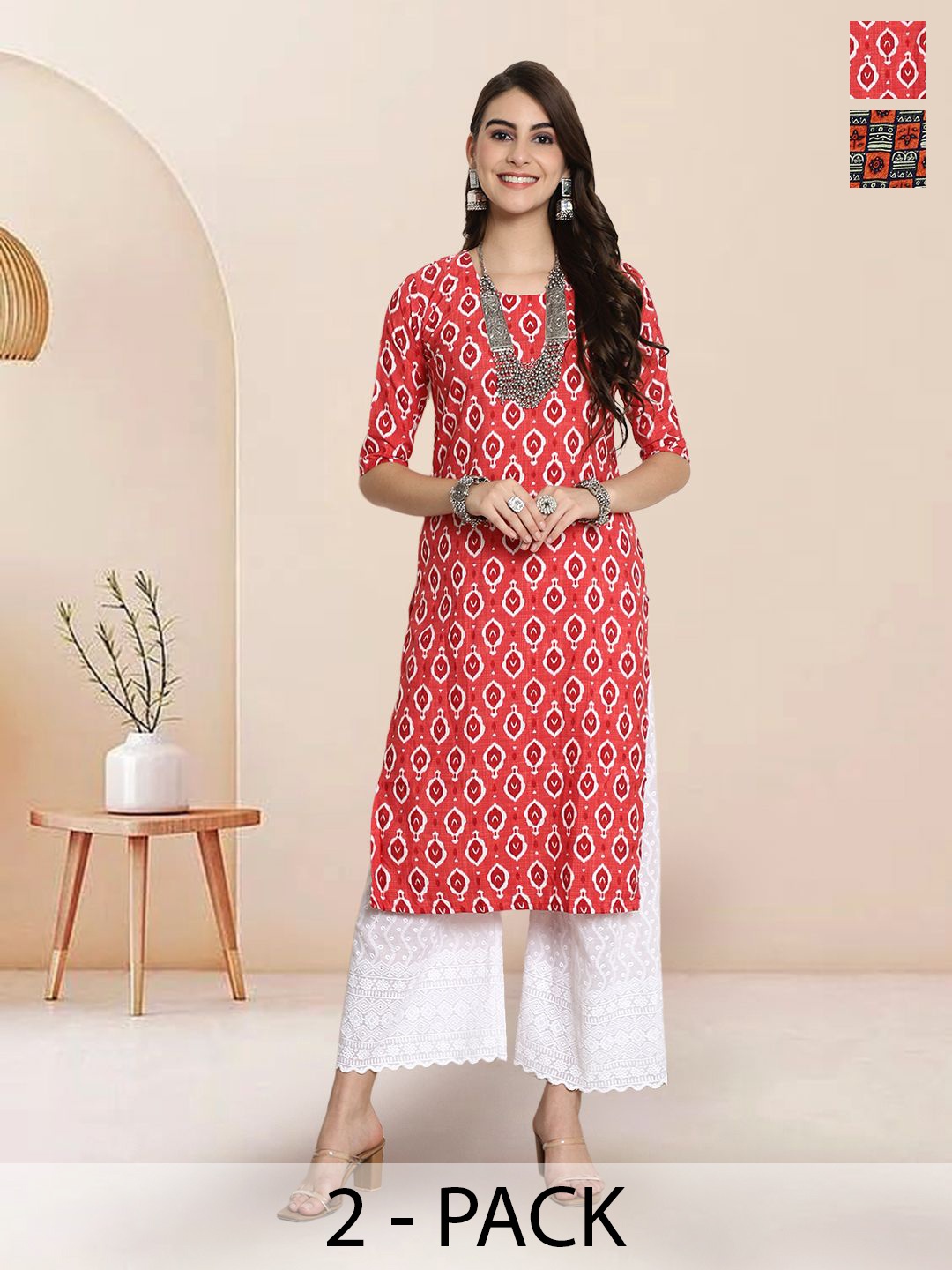 

7Threads Selection of 2 Ethnic Motifs Printed Round Neck Straight Kurtas, Peach