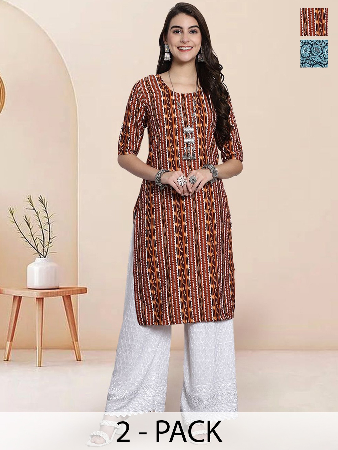 

7Threads Selection Of 2 Ethnic Motifs Printed Round Neck Straight Kurtas, Rust