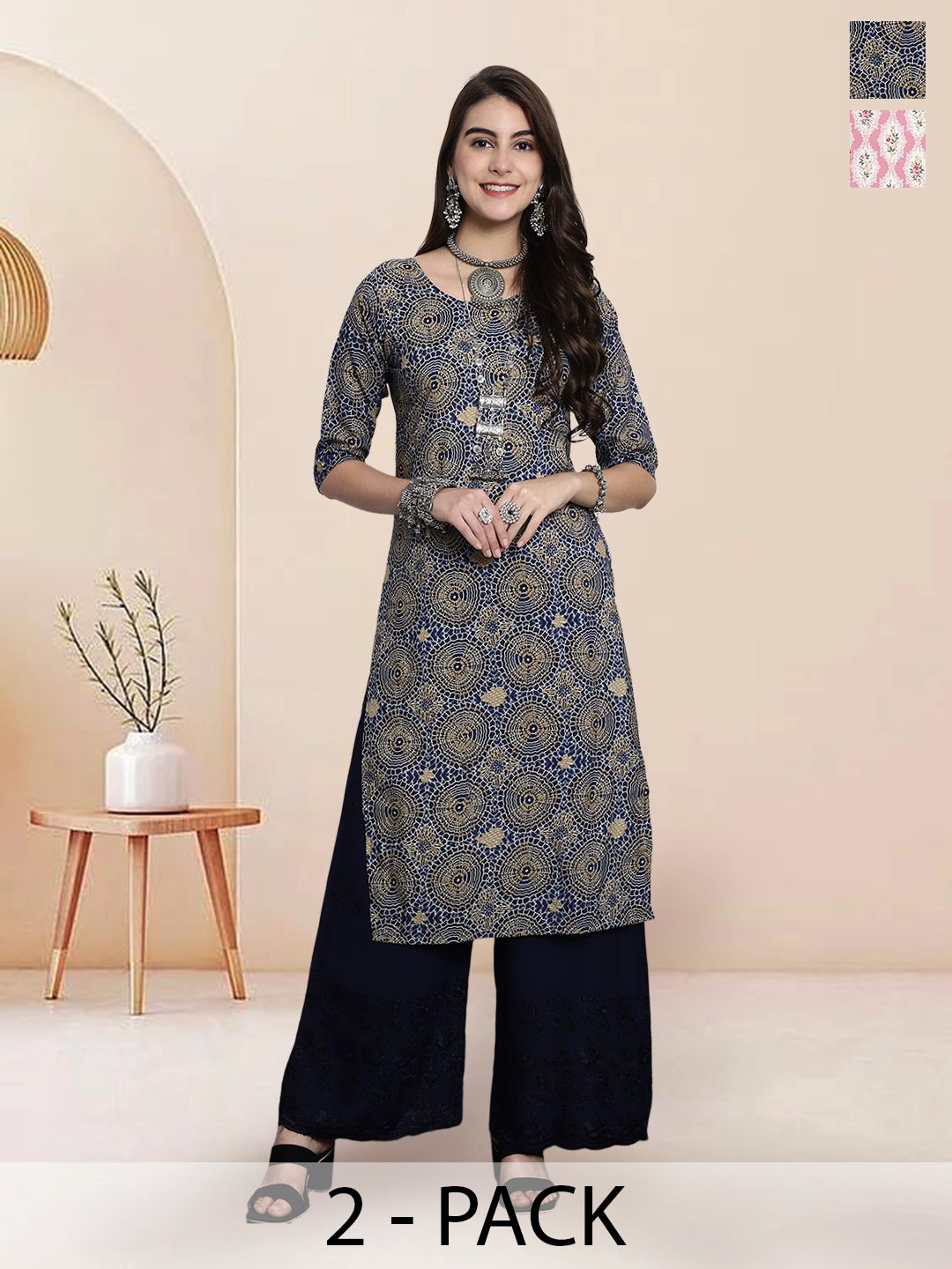 

7Threads Selection Of 2 Geometric Printed Round Neck Straight Kurtas, Navy blue
