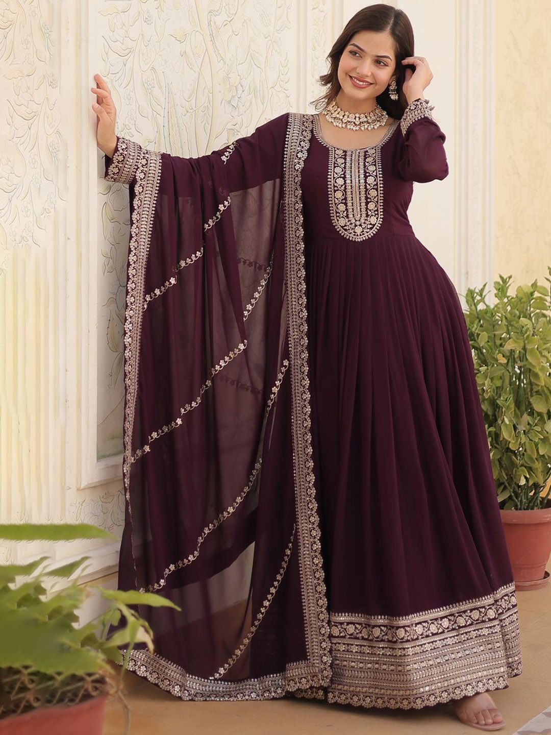 

KALINI Zari Embroidered Round Neck Anarkali Ethnic Dress, Brown