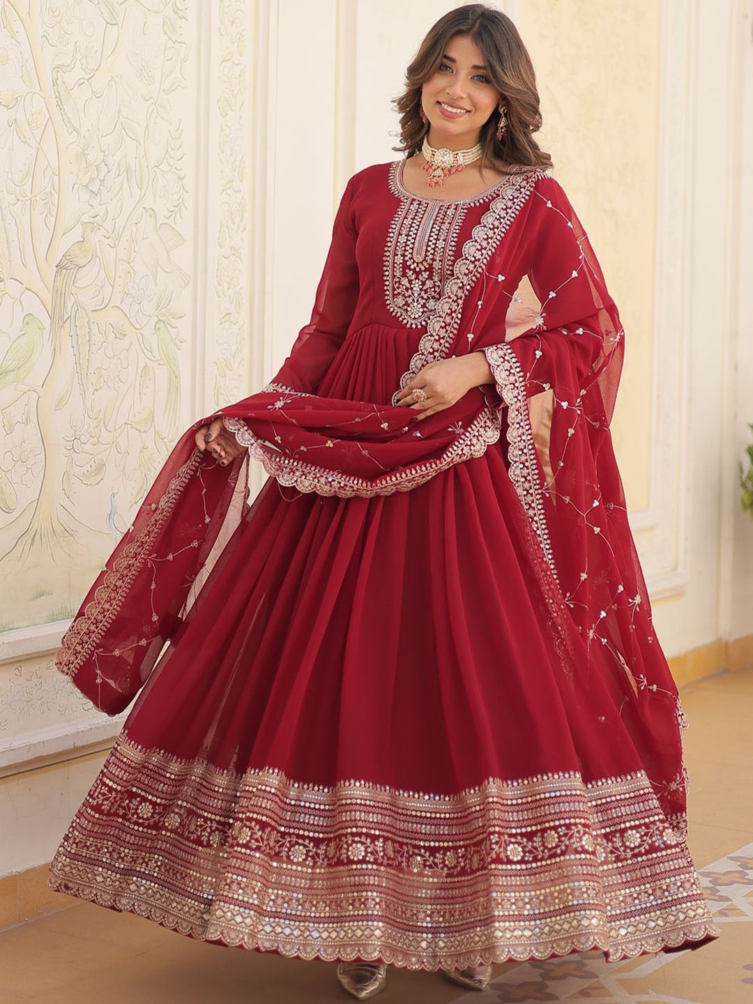 

KALINI Zari Embroidered Round Neck Anarkali Ethnic Dress, Maroon