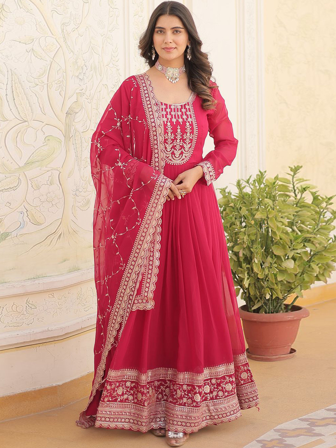 

KALINI Zari Embroidered Round Neck Anarkali Ethnic Dress, Pink
