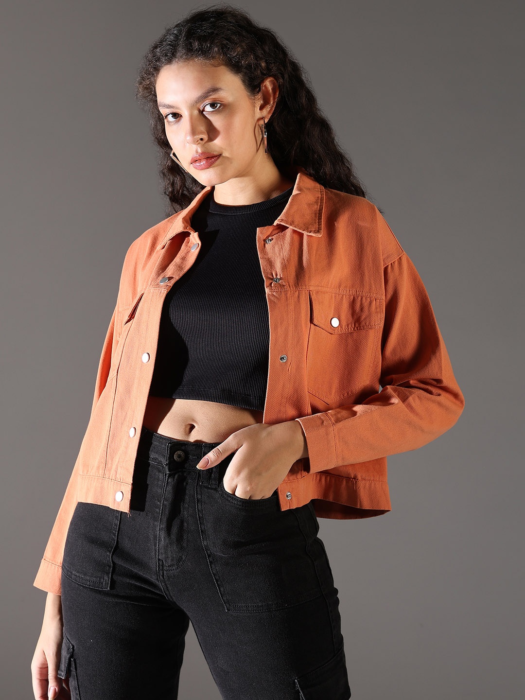 

SHOWOFF Women Spread Collar Solid Casual Denim Windcheater Jacket, Orange
