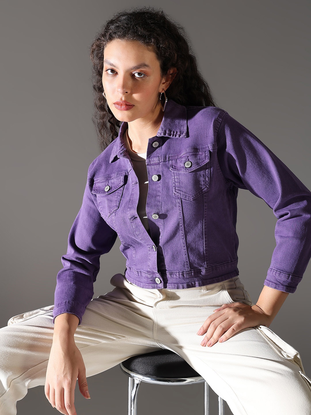 

SHOWOFF Women Spread Collar Solid Casual Denim Windcheater Jacket, Purple