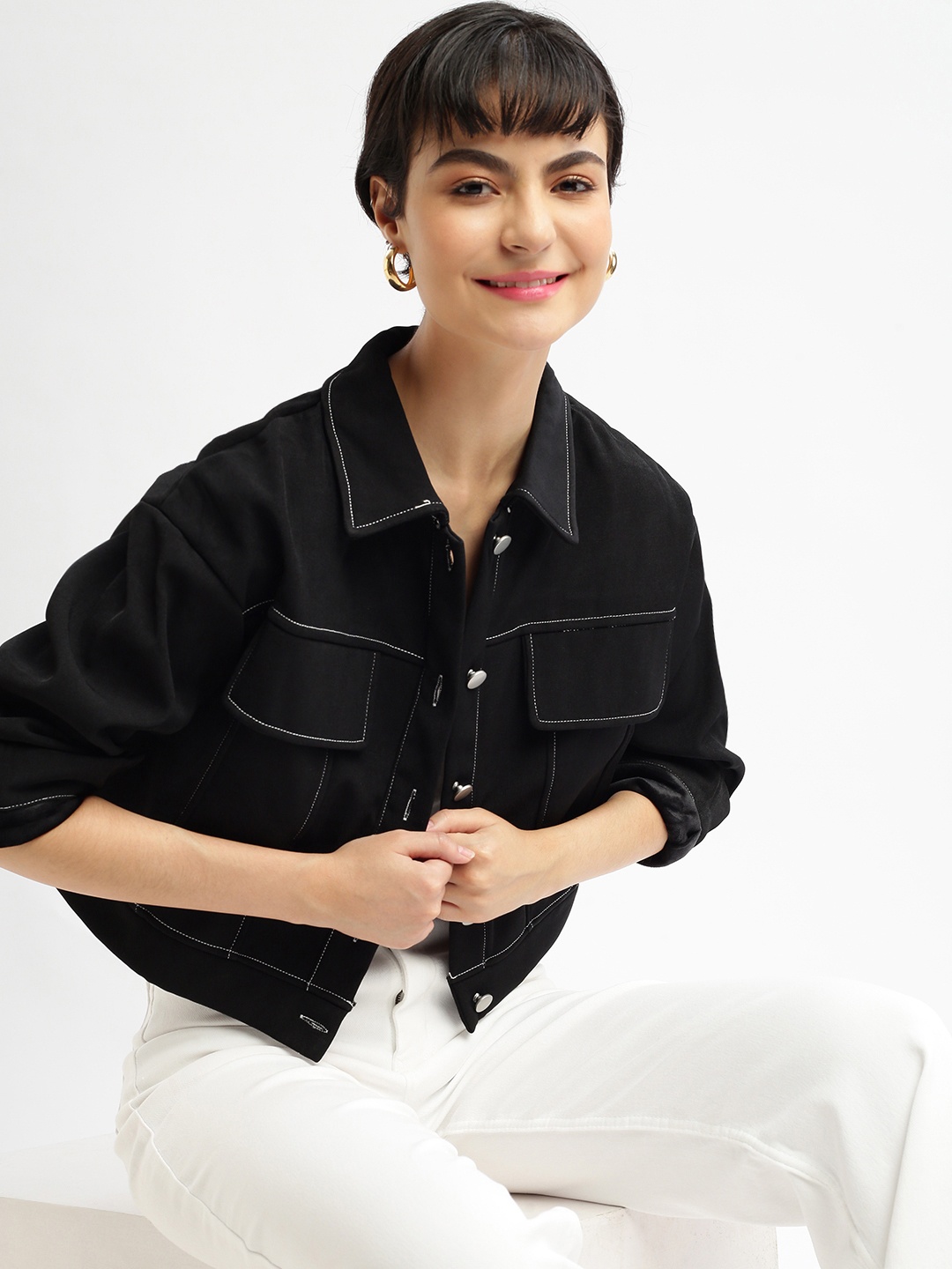 

SHOWOFF Women Spread Collar Solid Cotton Casual Tailored Windcheater Jacket, Black