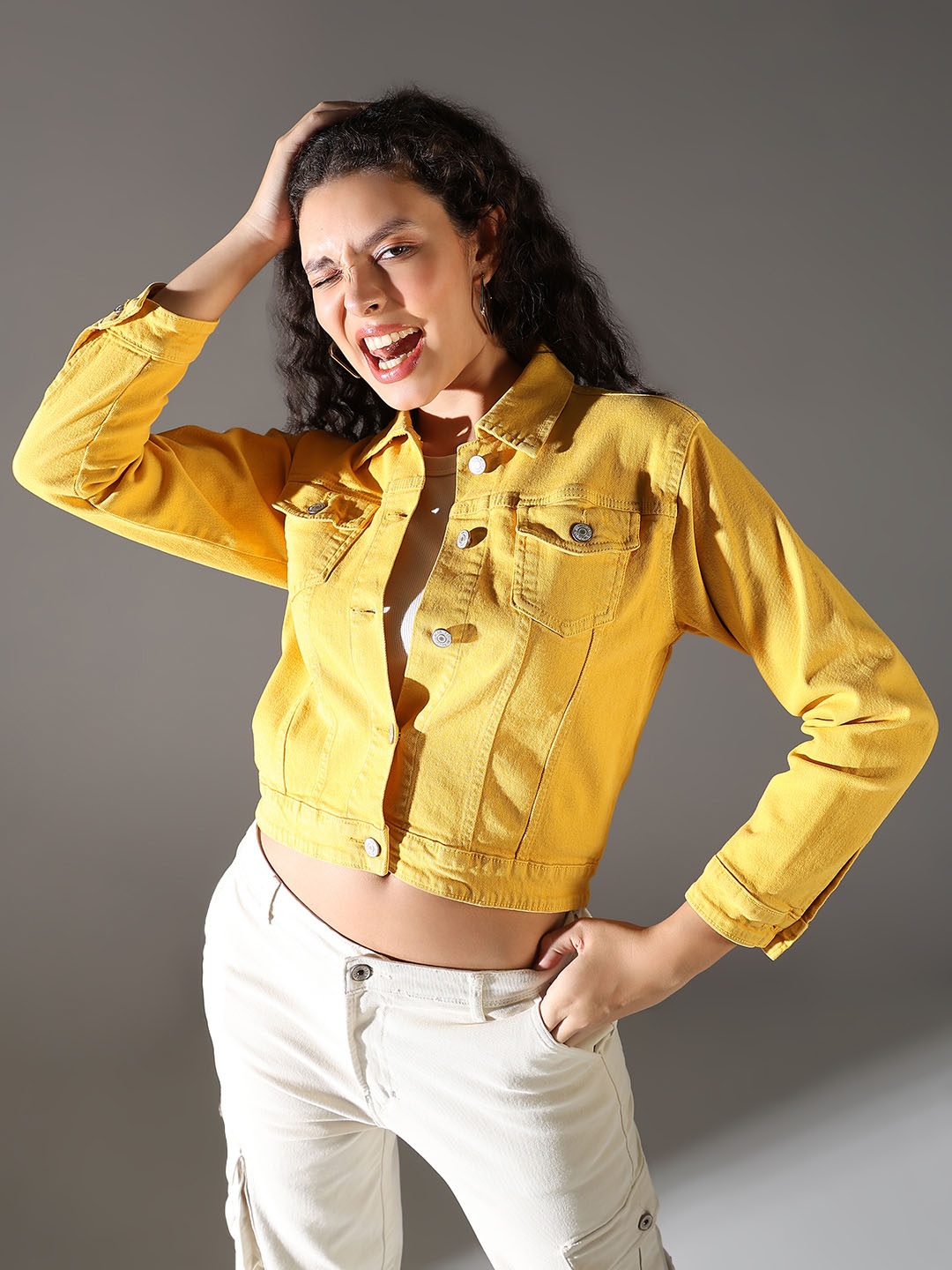 

SHOWOFF Women Spread Collar Solid Casual Windcheater Denim Jacket, Yellow