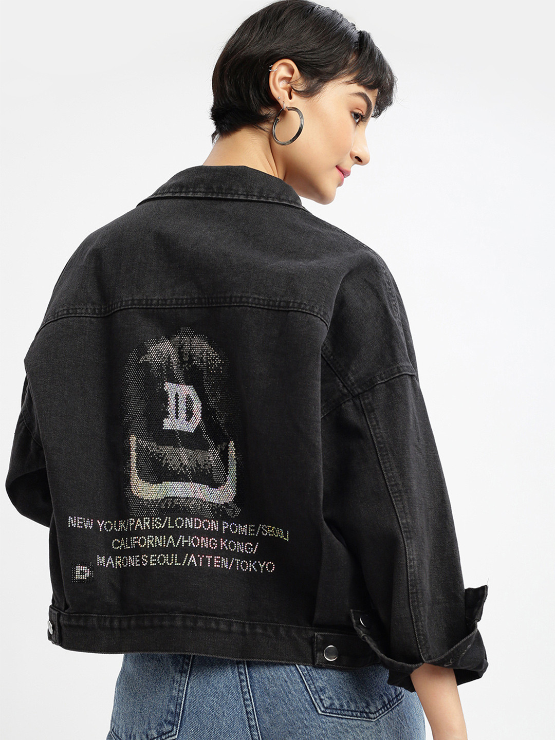 

SHOWOFF Women Spread Collar Solid Casual Windcheater Denim Jacket, Black