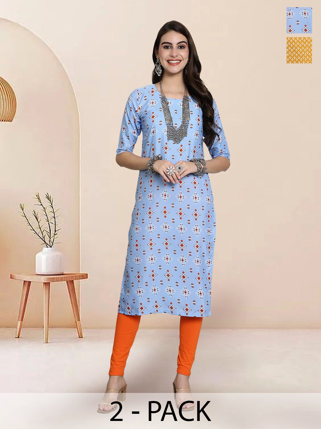 

7Threads Selection Of 2 Geometric Printed Round Neck Straight Kurtas, Blue