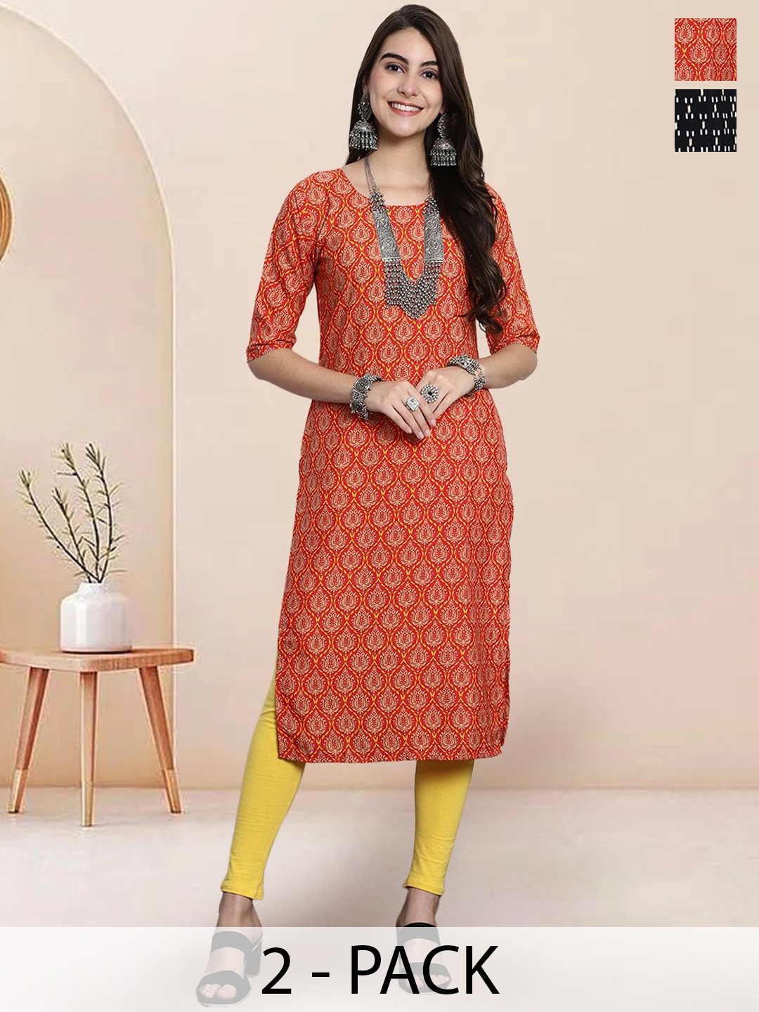 

7Threads Selection Of 2 Ethnic MotifsPrinted Straight Kurtas, Orange