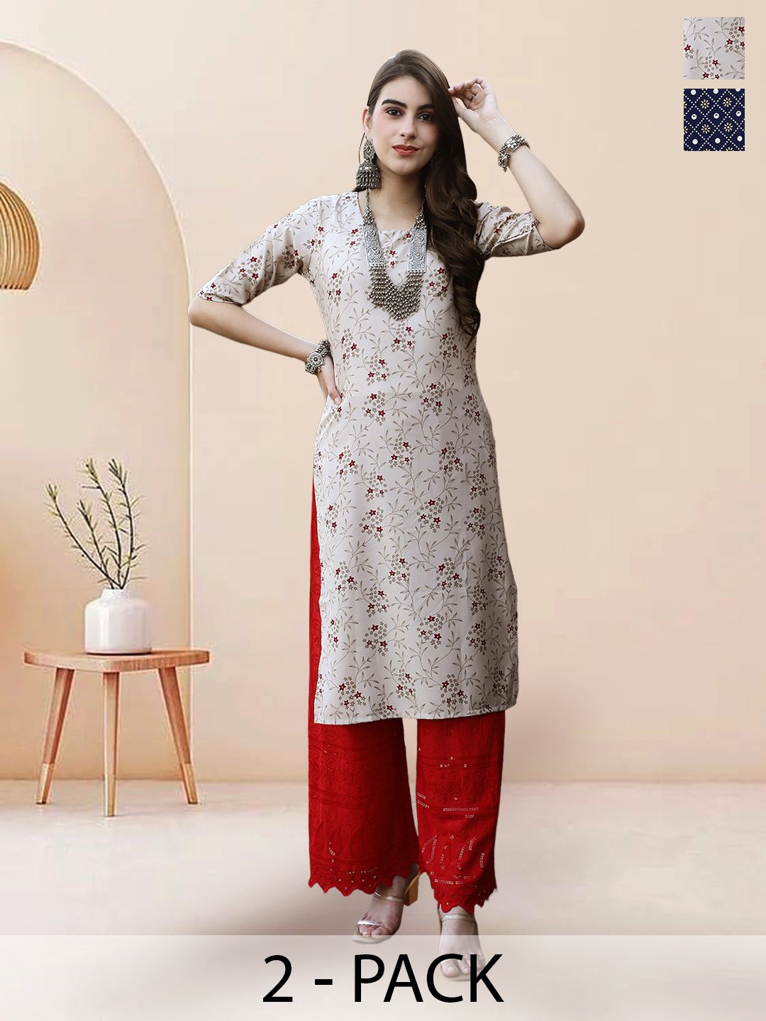 

7Threads Selection Of 2 Floral Printed Round Neck Kurtas, Grey