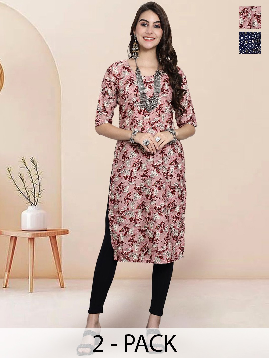 

7Threads Selection of 2 Floral Printed Round Neck Straight Kurtas, Pink