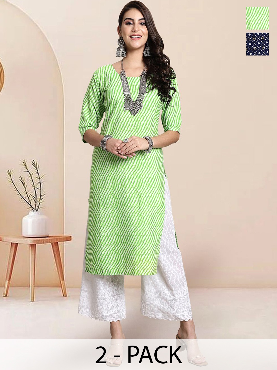 

7Threads Selection Of 2 Leheriya Printed Round Neck Straight Kurtas, Green