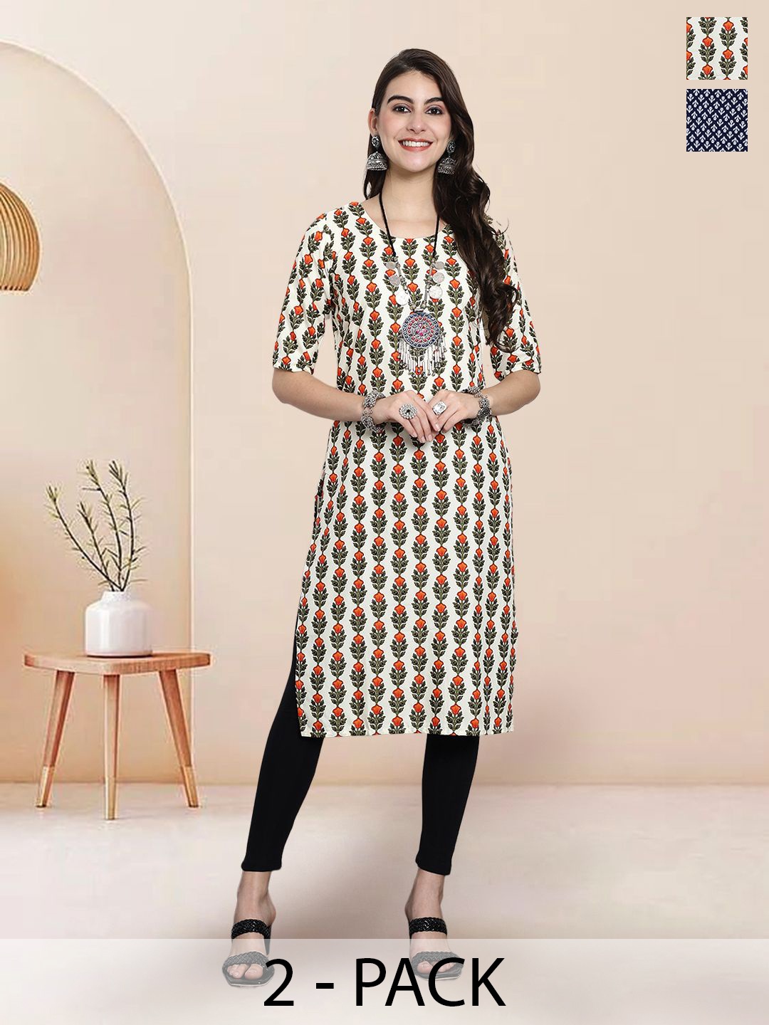 

7Threads Selection Of 2 Ethnic Motifs Printed Round Neck Straight Kurtas, White