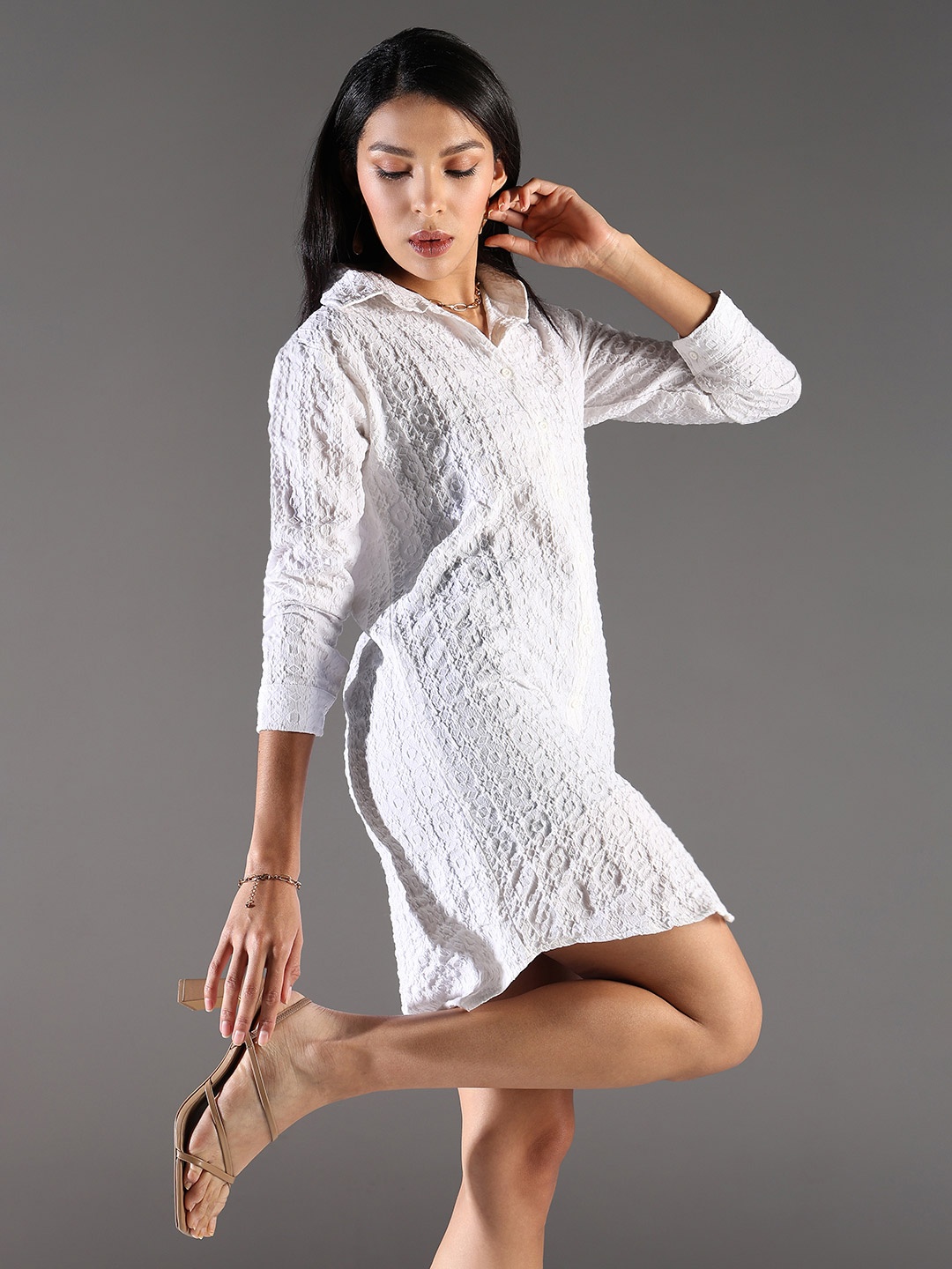 

SHOWOFF Women Self Design Cotton Shirt Dress, White