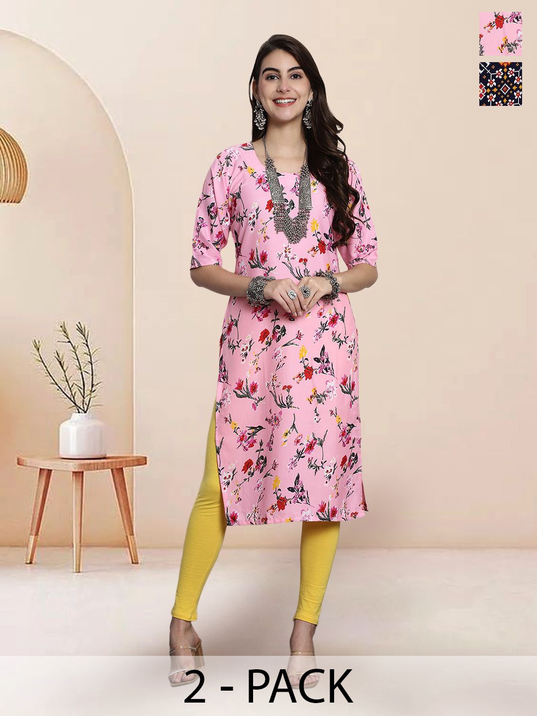 

7Threads Selection Of 2 Floral Printed Round Neck Straight Kurtas, Pink