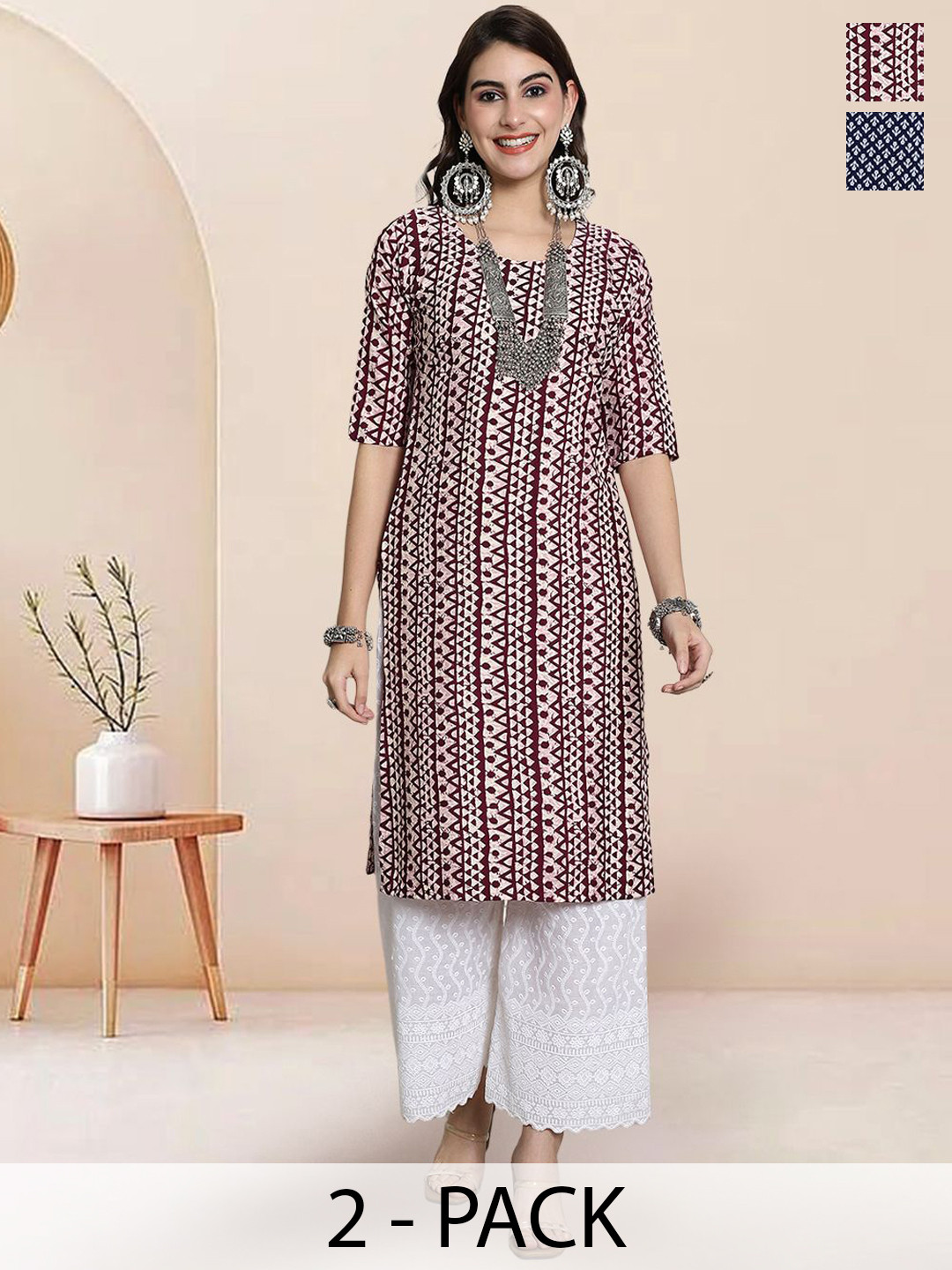 

7Threads Selection of 2 Floral Printed Round Neck Straight Kurtas, Red