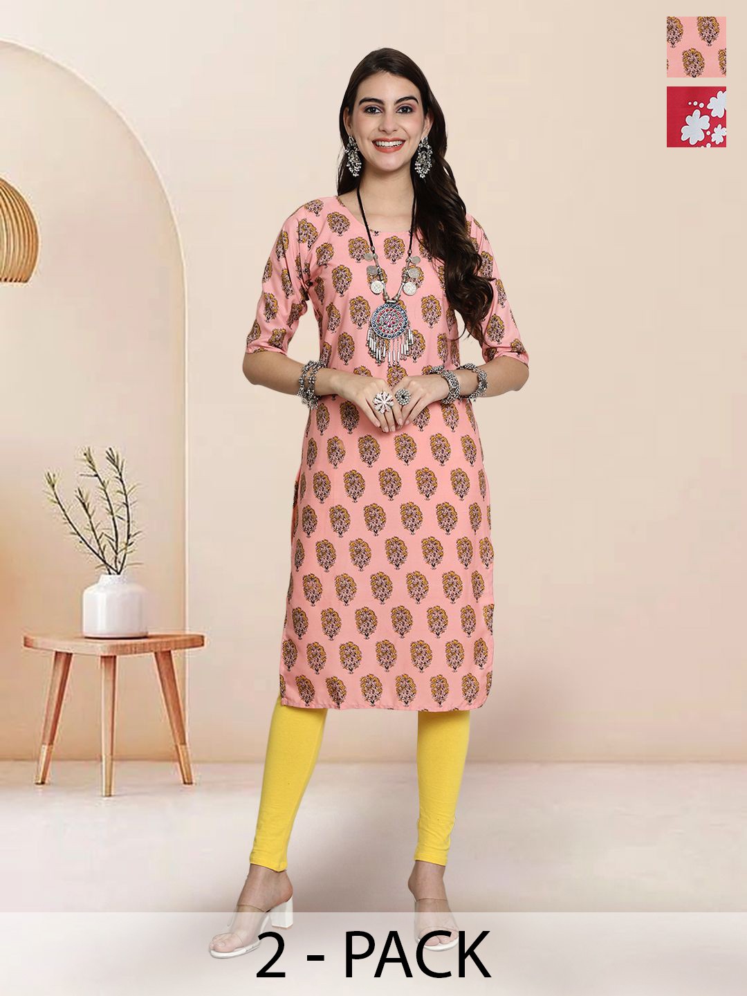 

7Threads Selection of 2 Floral Printed Round Neck Straight Kurtas, Peach