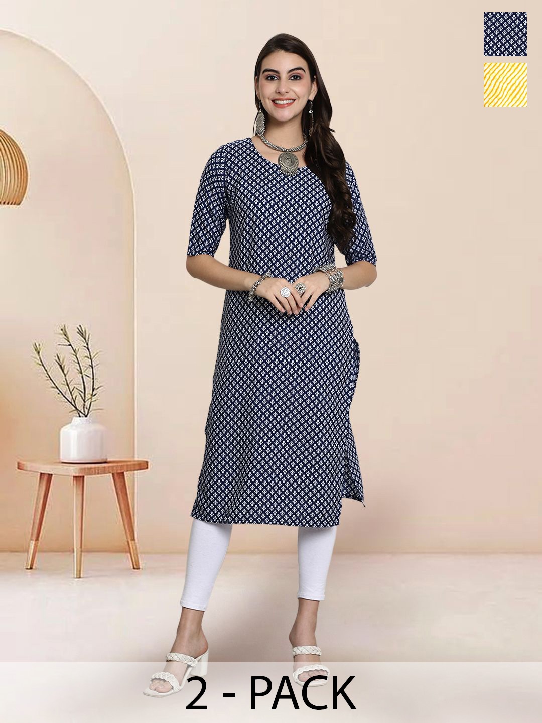 

7Threads Selection Of 2 Floral Printed Round Neck Straight Kurtas, Navy blue