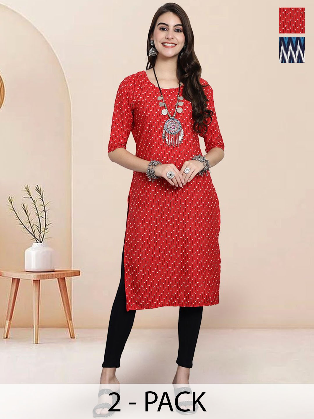 

7Threads Selection Of 2 Quirky Printed Round Neck Straight Kurtas, Red