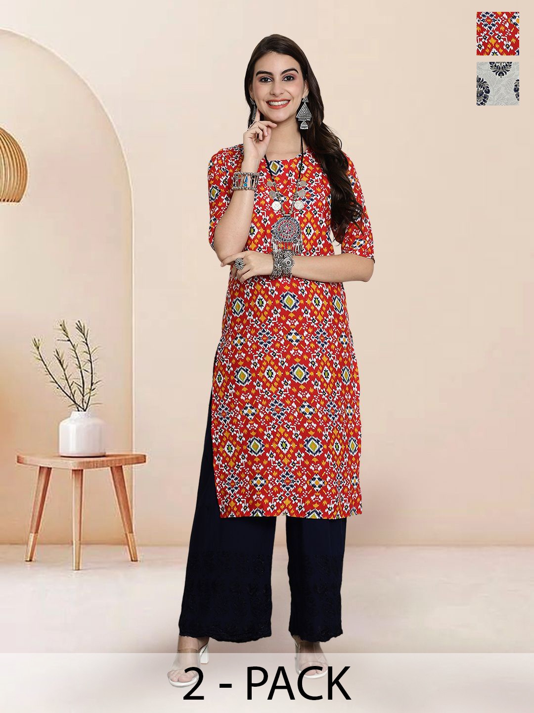 

7Threads Selection Of 2 Abstract Printed Round Neck Straight Kurtas, Red