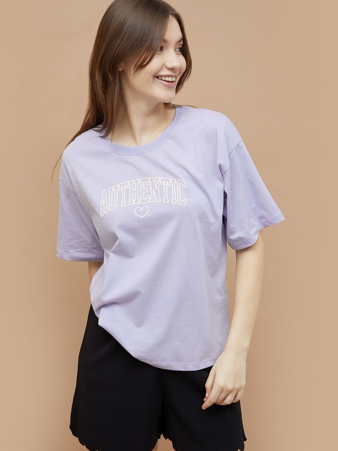 

Ginger by Lifestyle Women Typography Printed Round Neck Cotton Oversized T-shirt, Lavender
