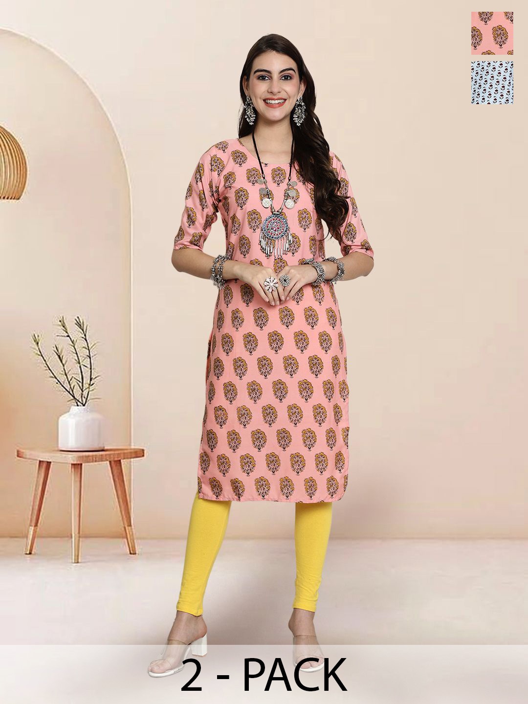 

7Threads Selection of 2 Floral Printed Round Neck Straight Kurtas, Peach