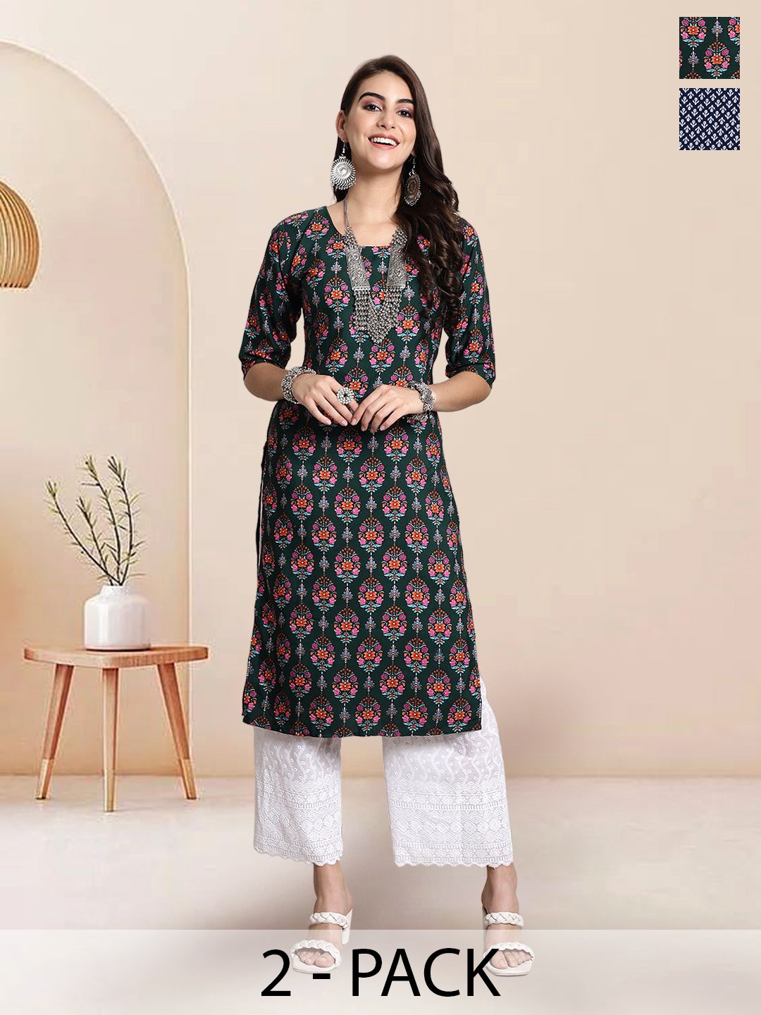 

7Threads Selection Of 2 Floral Printed Round Neck Straight Kurtas, Green