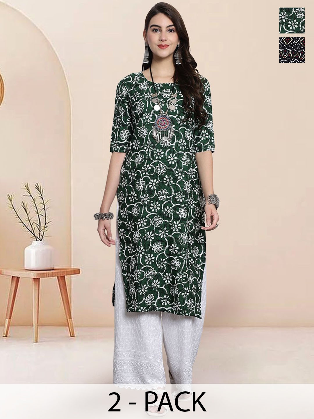

7Threads Selection Of 2 Floral Printed Round Neck Straight Kurtas, Green
