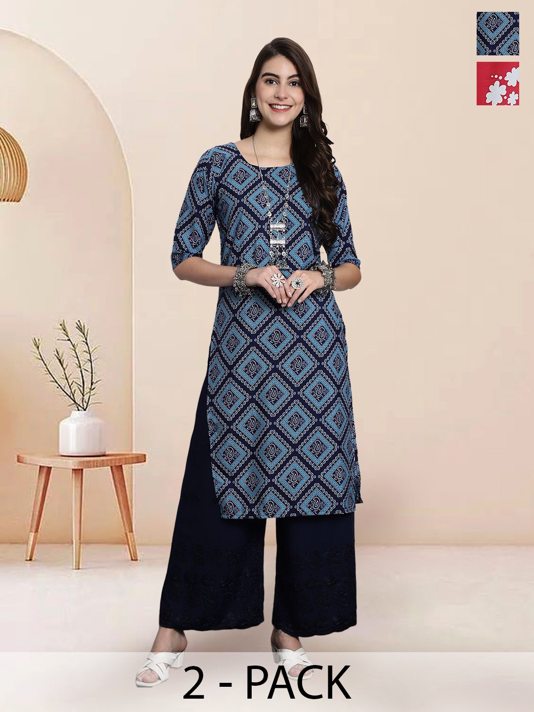 

7Threads Selection Of 2 Geometric Printed Round Neck Straight Kurtas, Navy blue