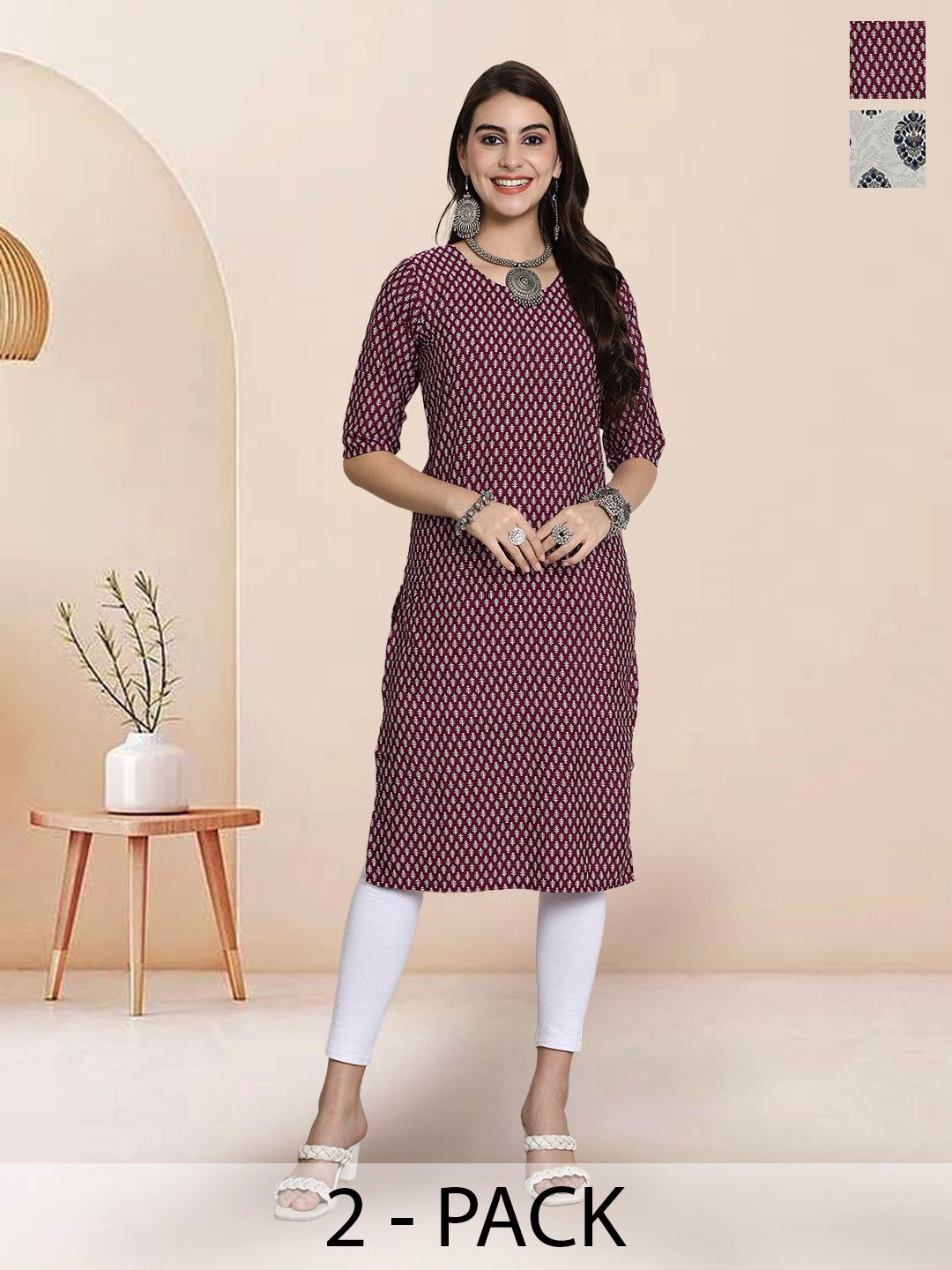 

7Threads Selection Of 2 Ethnic Motifs Printed Round Neck Straight Kurtas, Maroon