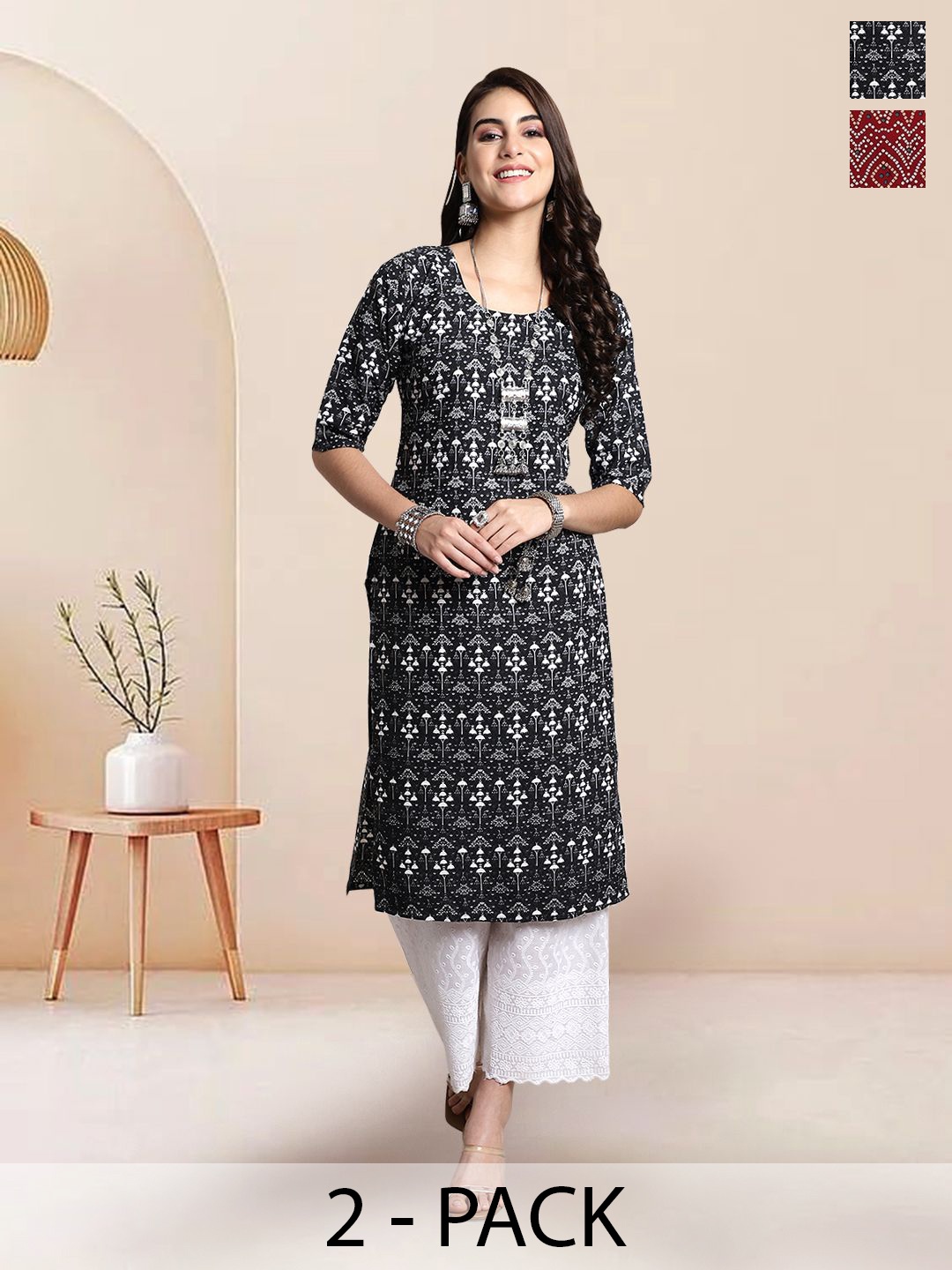 

7Threads Selection Of 2 Ethnic Motifs Printed Round Neck Straight Kurtas, Black