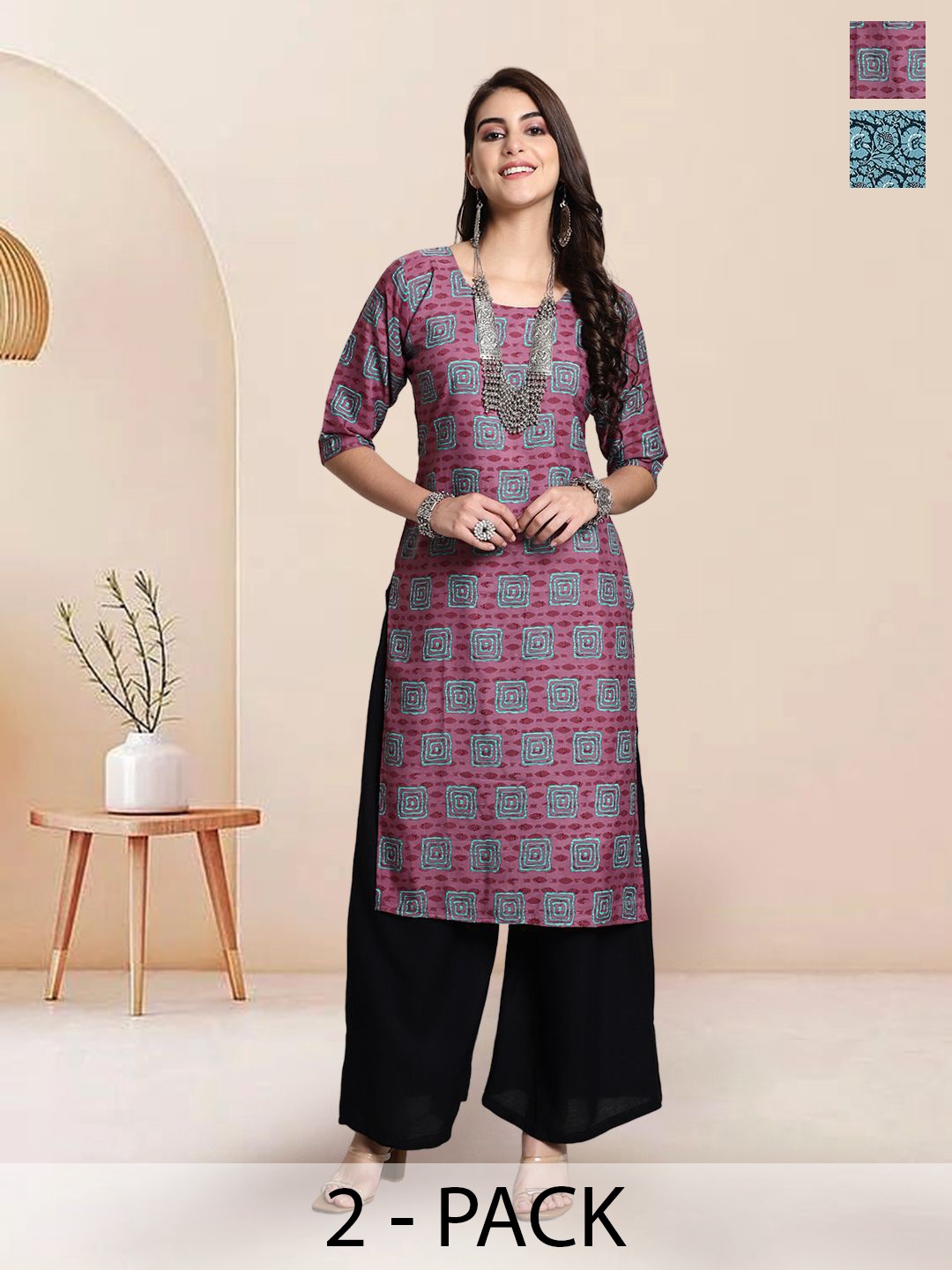 

7Threads Selection of 2 Ethnic Motifs Printed Round Neck Straight Kurtas, Pink