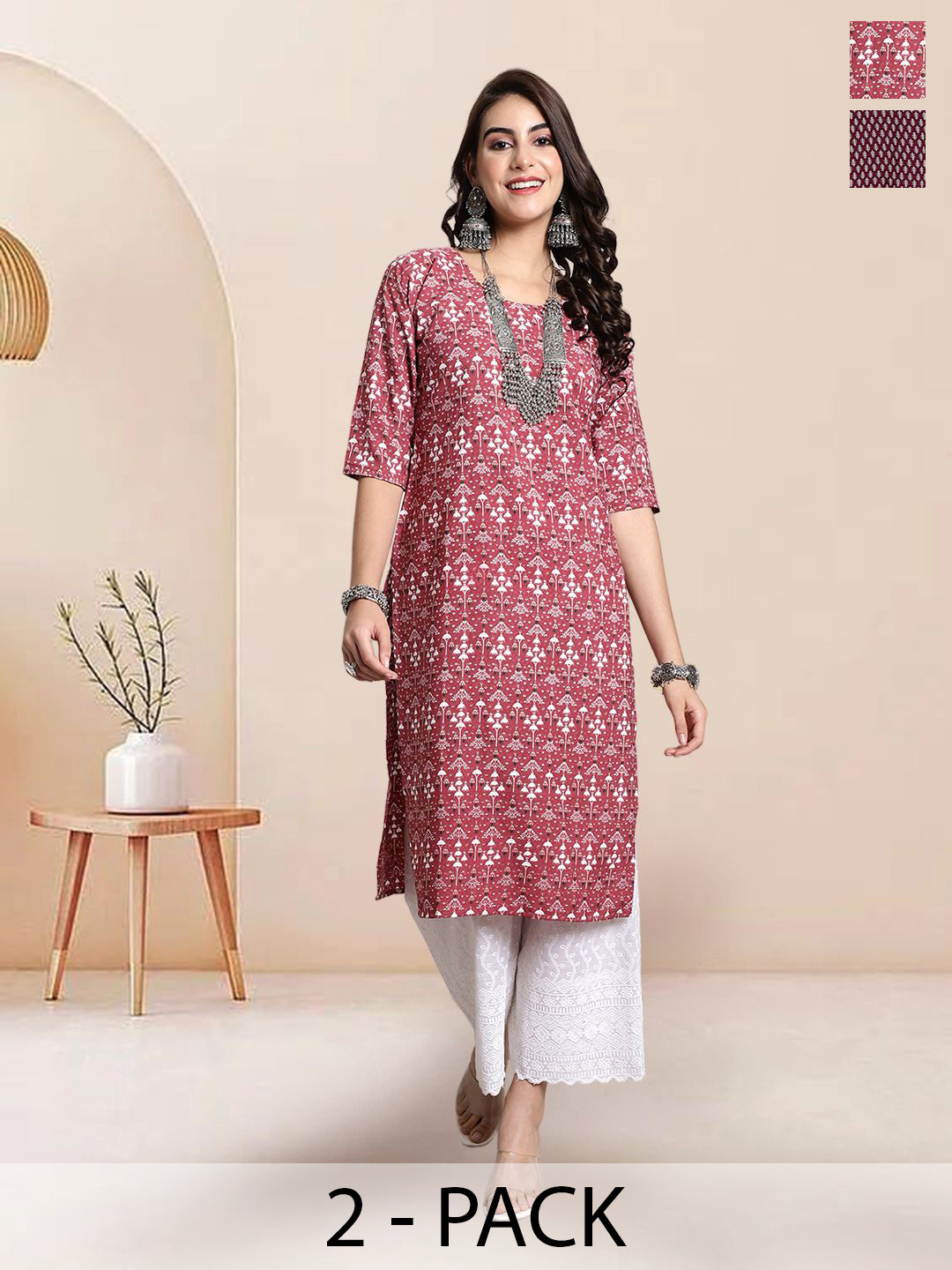 

7Threads Selection of 2 Ethnic Motifs Printed Round Neck Straight Kurtas, Red