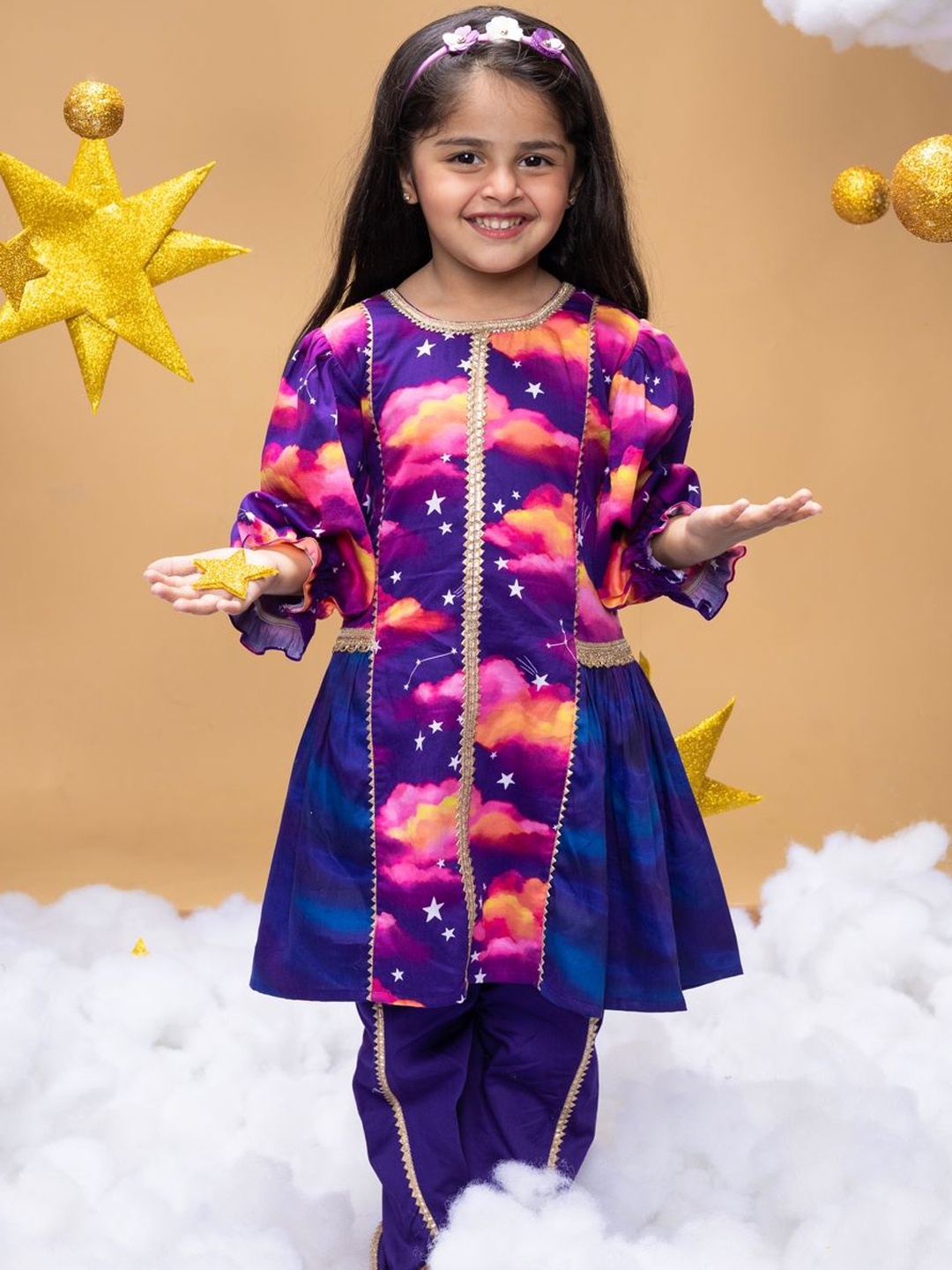 

Little Shiro Girls Printed Gotta Patti Pure Cotton Kurta with Dhoti Pants, Purple