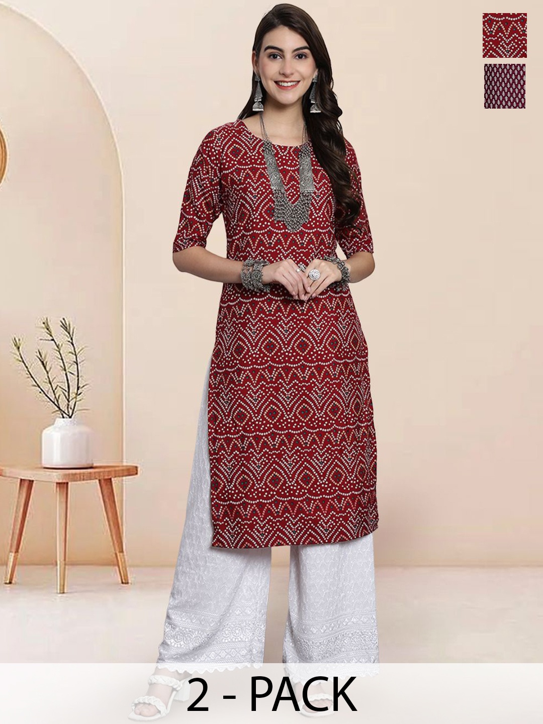 

7Threads Selection Of 2 Bandhani Printed Round Neck Straight Kurtas, Red