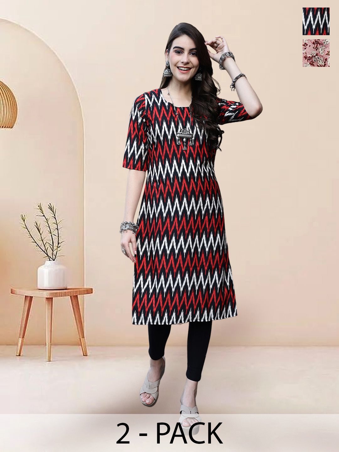 

7Threads Selection Of 2 Chevron Printed Straight Kurtas, Black