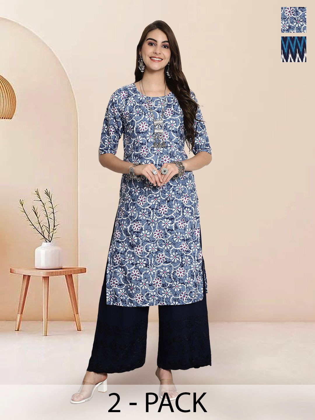 

7Threads Selection Of 2 Floral Printed Round Neck Straight Kurtas, Blue