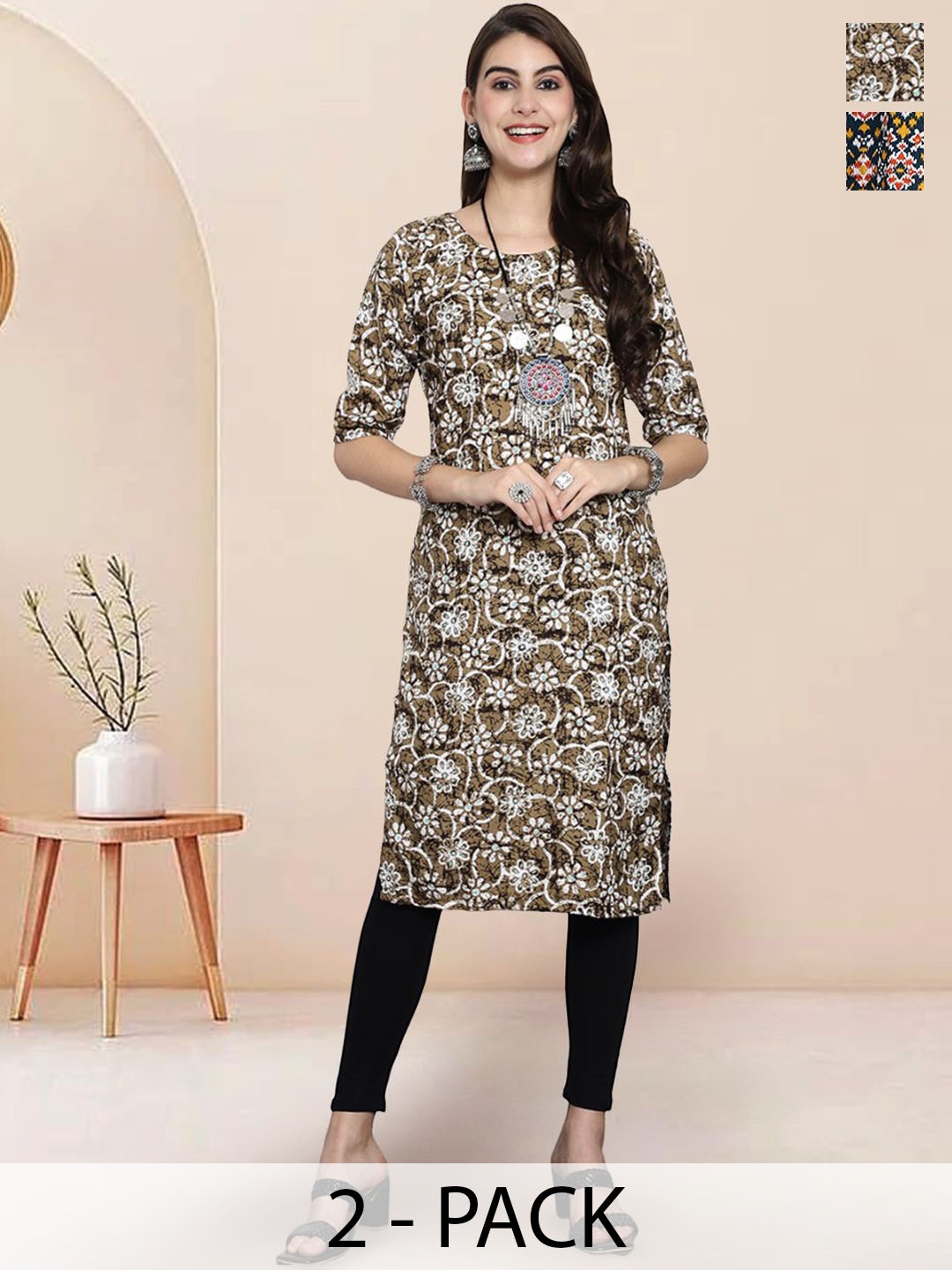 

7Threads Selection Of 2 Floral Printed Round Neck Straight Kurtas, Brown