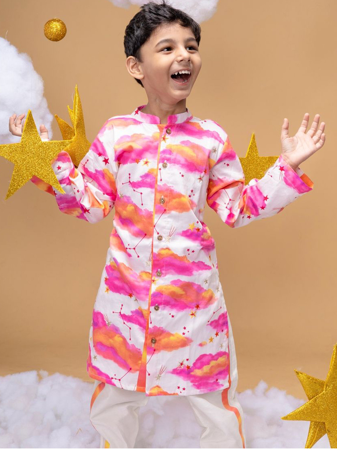 

Little Shiro Be Your Own Sunshine Boys Printed Pure Cotton Kurta with Pyjamas, Off white