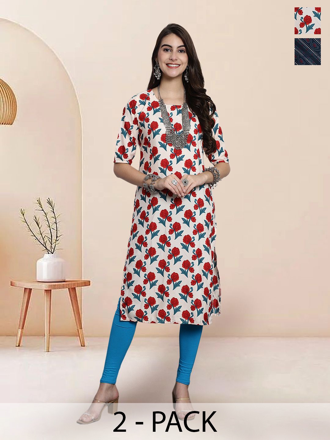 

7Threads Selection Of 2 Floral Printed Round Neck Straight Kurtas, Cream