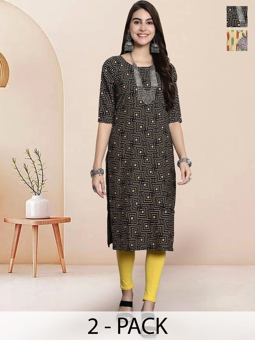 

7Threads Selection Of 2 Geometric Printed Round Neck Straight Kurtas, Off white
