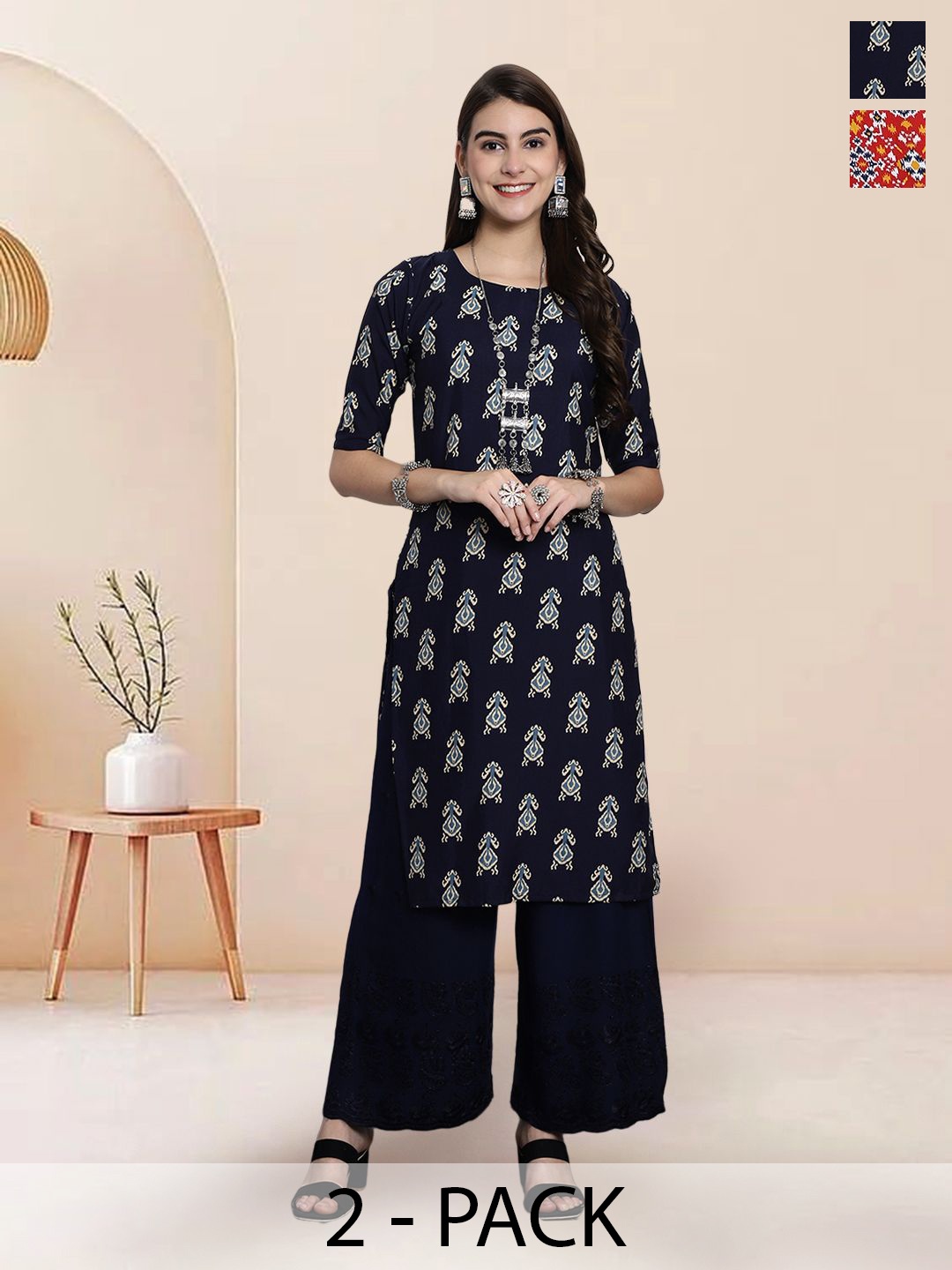 

7Threads Selection Of 2 Floral Printed Round Neck Straight Kurtas, Navy blue