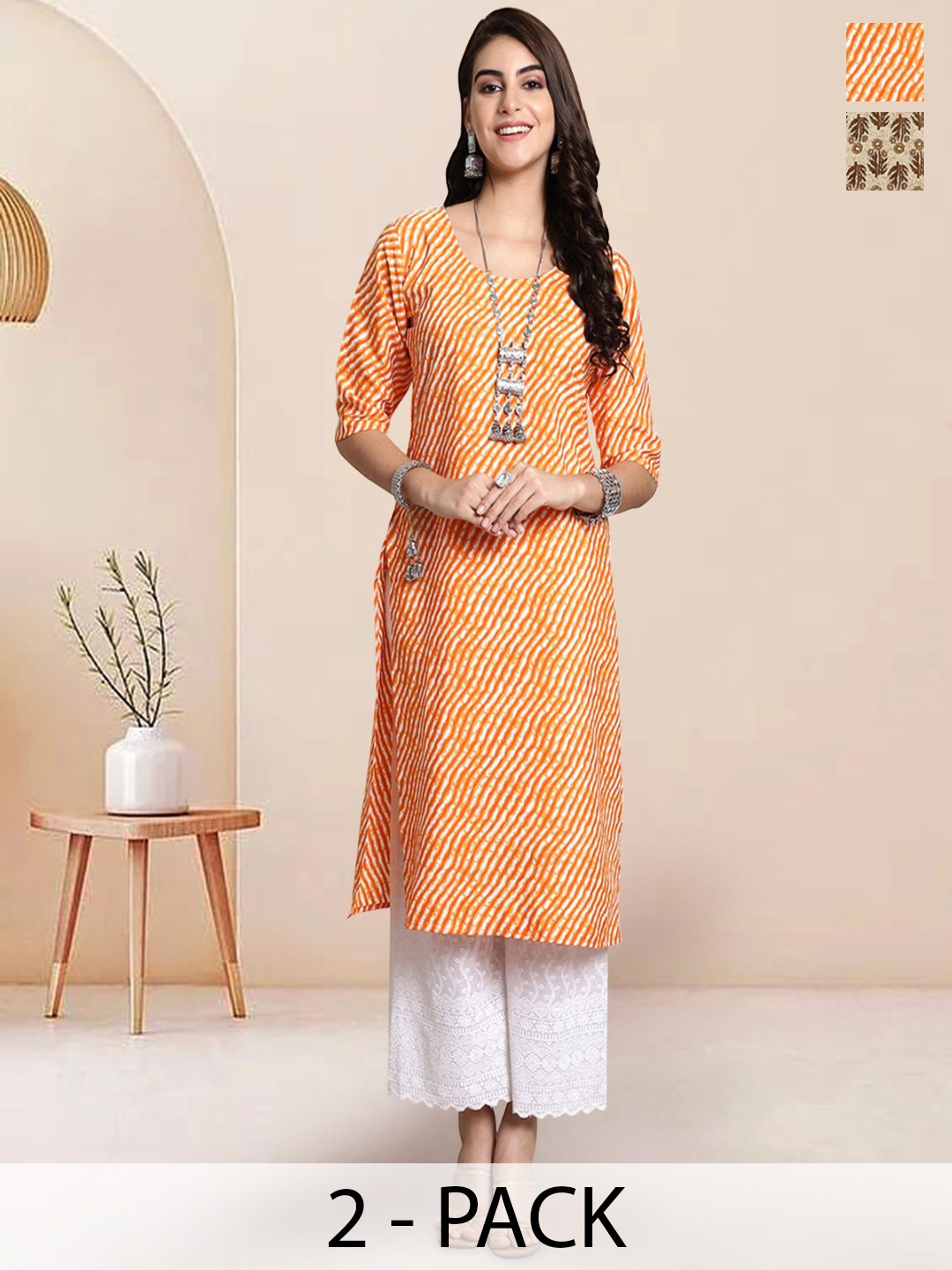 

7Threads Selection of 2 Leheriya Printed Round Neck Straight Kurtas, Orange