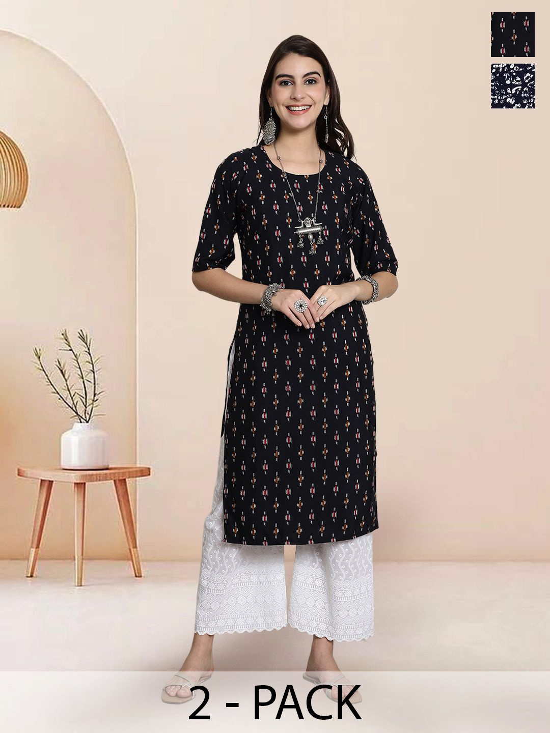 

7Threads Selection Of 2 Ethnic Motifs Printed Round Neck Straight Kurtas, Black